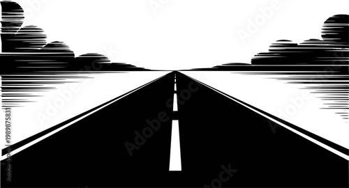 Black and white vanishing point highway with stylized clouds a white background road