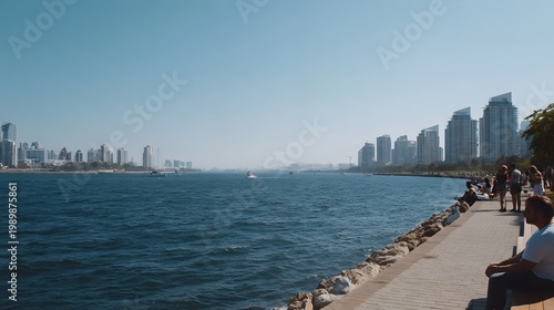 A sunny day view of a waterfront promenade with people strolling toward a distant urban skyline across the blue water