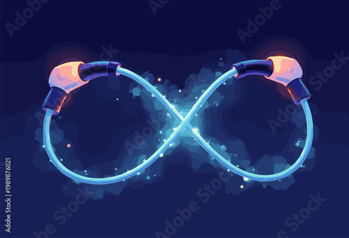 isometric 3D electric vehicle charging cable, elegantly looped into perfect geometric infinity symbol that glows softly Sustainable Mobility concept Dark background No text