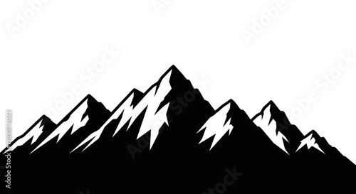 Majestic snow capped mountain range silhouette against a clean white background symbolizing adventure nature and extreme sports with sharp peaks and dramatic contours perfect