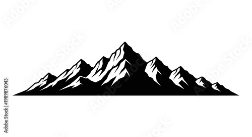Majestic mountain range silhouette against a clean white background depicting rugged peaks and dramatic sharp ridges evoking a sense of adventure and natural grandeur perfect