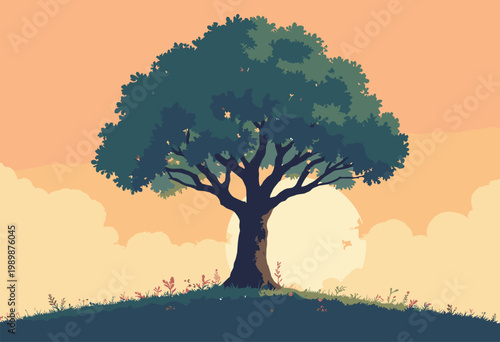 minimalist flat massive, stylized sheltering tree, tiny, identical glowing sapling growing safely under its branches Corporate Mentorship concept Earthy, calming tones Space text No text