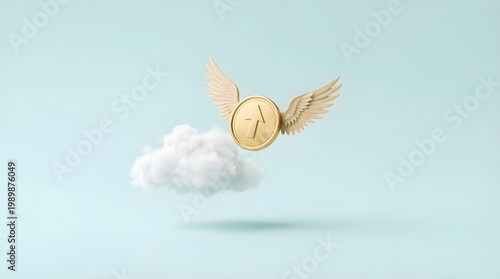 A winged gold coin flying past a fluffy white cloud. Concept of cloud-based banking, digital currency, or achieving sky-high financial goals.