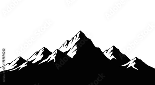 Stylized black and white silhouette of a majestic mountain range with sharp peaks and deep shadows against a stark white background evoking a sense of adventure and natural beauty