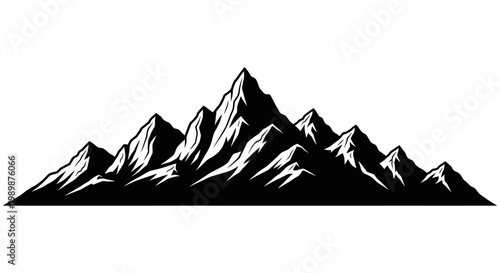 Majestic mountain range silhouette detailed with sharp peaks and rugged textures against a clean white background evoking a sense of adventure and natural grandeur for graphic