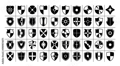 Collection of diverse shield icons in black and white featuring various heraldic designs and geometric patterns for security protection and emblematic use isolated on white