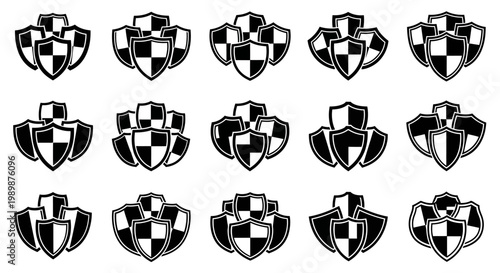 Collection of black and white shield emblems and crests representing security protection and strength isolated on white background vector graphics for design concepts