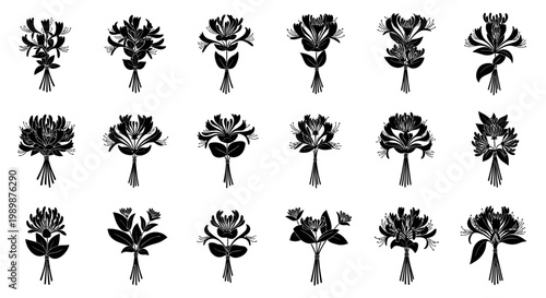 Collection of elegant black and white floral silhouettes featuring various stylized flower arrangements and botanical illustrations perfect for graphic design and decorative