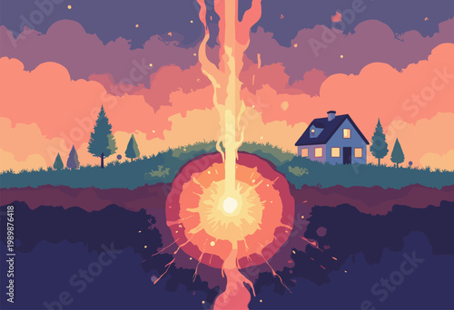 flat poster crosssection Earth glowing, geometric thermal gradient rises from core to power minimalist stylized home Geothermal Heating concept Earthy tones Blank space No text