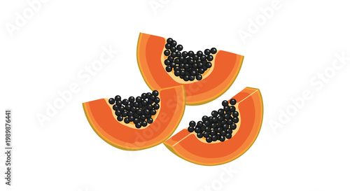 Three vibrant orange papaya slices are clustered together on a white background displaying their juicy flesh and clusters of small dark glistening round seeds.