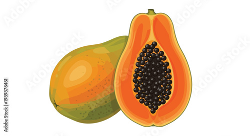 A complete whole papaya fruit is paired with a vertical cross section half revealing the rich orange interior and a dense cavity of black seeds.