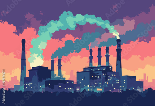 conceptual industrial factory smokestack, but instead smoke, continuous, glowing green loop feeds directly back into factorys foundation Circular Economy concept High contrast No text