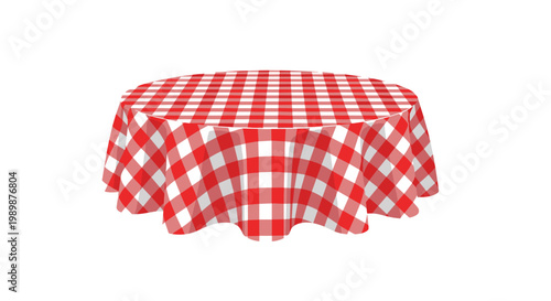 A circular dining table is draped with a traditional red and white checkered gingham fabric tablecloth creating a classic picnic or bistro aesthetic look.