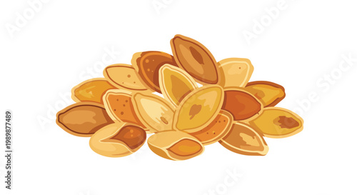 A small pile of roasted pumpkin seeds displays a variety of warm tan and orange hues while resting on a clean white surface for a healthy snack image.