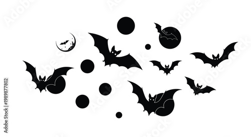 Numerous black bat silhouettes fly across a stark white canvas punctuated by solid dark circles and a delicate crescent moon during a spooky night scene.
