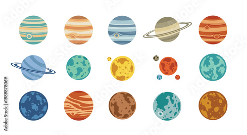 Fifteen unique cartoon planets featuring various vibrant colors and distinct surface textures are organized into a meticulous grid against a clean white background area.