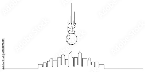 Continuous line drawing of bombs falling from the sky towards the city, representing destruction and the constant threat of war, line art style vector illustration.