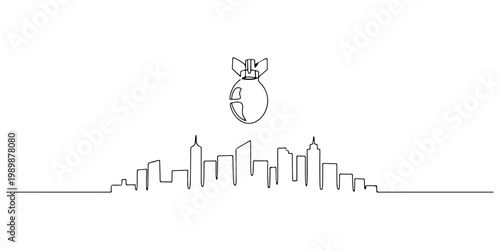 Continuous line drawing of bombs falling from the sky towards the city, representing destruction and the constant threat of war, line art style vector illustration.