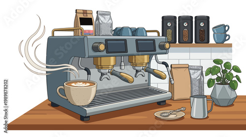 Blue Commercial Espresso Machine with Steam and Coffee Cup Illustration