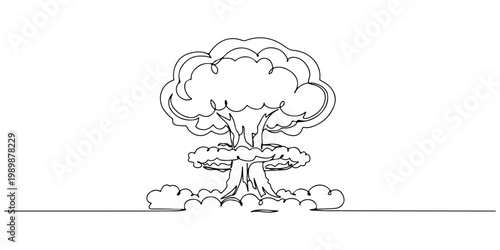 Black-and-white line drawing of a mushroom cloud nuclear explosion on a flat horizon.