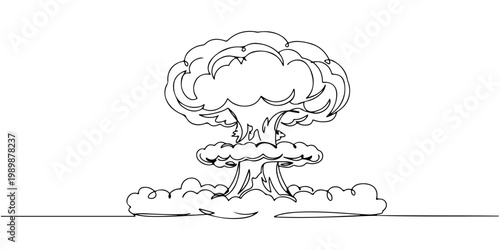 Hand-drawn line art depiction of a nuclear mushroom cloud explosion over a flat horizon.