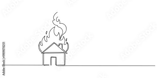 Minimal line drawing of a house on fire along a horizon line.