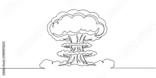 Black line drawing of a mushroom cloud explosion on a flat horizon line.