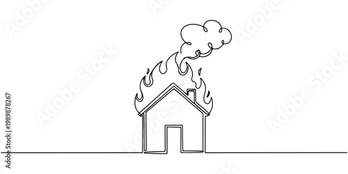 Minimal line drawing of a house engulfed in flames with smoke rising.