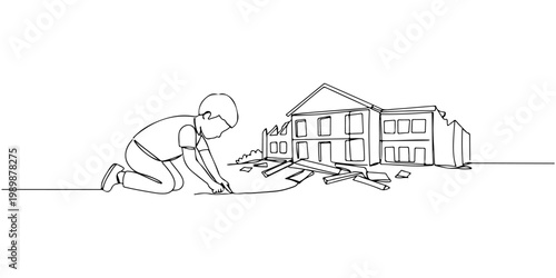 Child assembling house puzzle pieces representing home construction and planning.