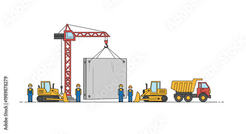 A meticulous flat illustration depicts a busy construction site with a red tower crane lifting a heavy concrete wall panel amidst yellow earthmovers under bright white light.