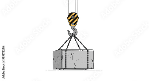 A detailed vector illustration showcases a striped industrial crane hook lifting a weathered concrete block using sturdy metal chains against a clean white backdrop.