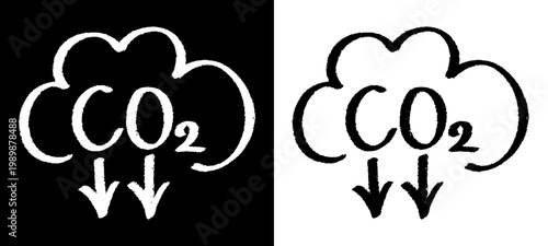 Hand drawn CO2 carbon dioxide clouds icon with downward arrows. Simple doodle representing air pollution control, climate change mitigation, and emission reduction concepts.