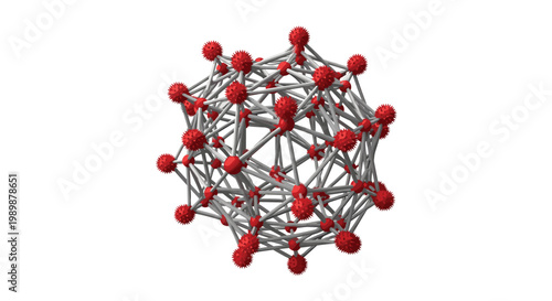 A detailed scientific render illustrates a spherical lattice of spiked red viral particles interconnected by a sturdy framework of grey metallic support rods.