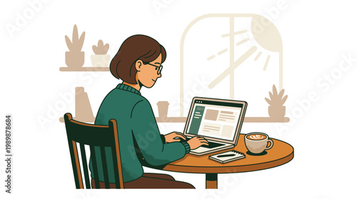 Woman Working on Laptop with Coffee Cup in Cozy Cafe Illustration