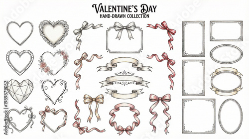 Hand-drawn Valentine's Day decorative frames and heart elements  