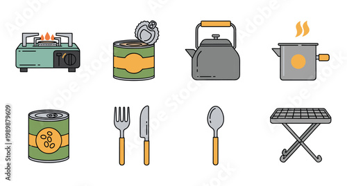 Camping cookware and utensils set with stove pot can vector illustration for outdoor cooking