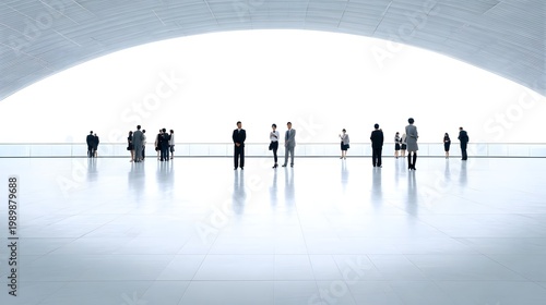 A large group of professionally dressed people gathers within a vast elegant modern architectural space symbolizing teamwork and progress