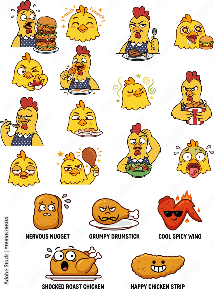 Obraz premium Cartoon Chicken Character Face Expressions and Fried Chicken Food Mascot Set