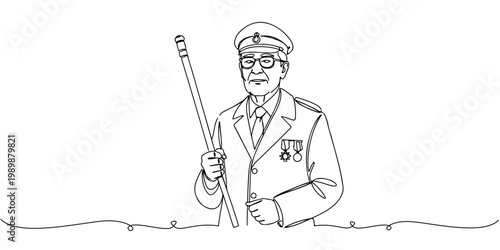 Line drawing of elderly naval officer pointing with a baton.