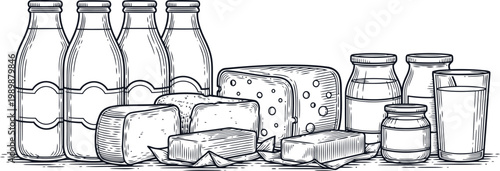 Dairy products including bottles of milk cheese blocks and butter in a hand-drawn sketch style