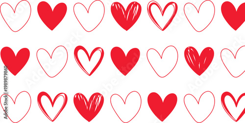 Red heart shaped balloons and ribbons form a seamless pattern of romantic symbols for a Valentines Day vector illustration set featuring cute love art and wedding card decoration