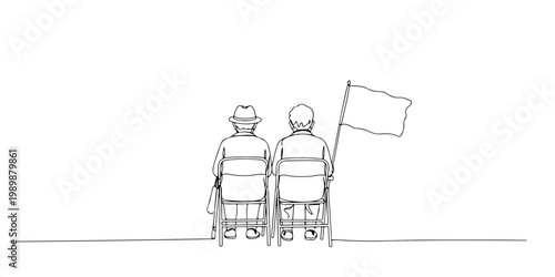 Two seated figures side by side holding a flag in a minimalist line drawing.