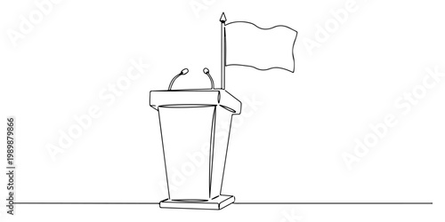 Minimal line drawing of podium with microphone and flag.