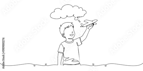 Child playing with toy airplane in simple line drawing.