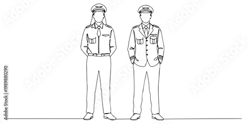 Minimal monochrome line drawing of two uniformed officers standing side by side.