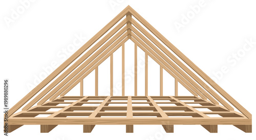 A triangular wooden roof truss frame stands prominently showing its intricate internal support beams and structural base against a clear white backdrop in light.
