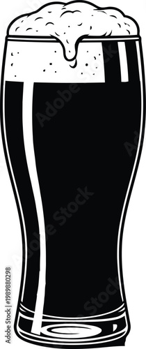 Dark Stout beer in a frothy pint glass with condensation rendered in a classic engraving style