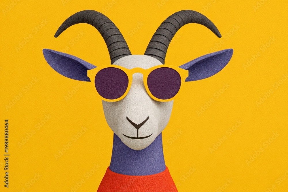 Naklejka premium Cool goat wearing sunglasses stands out against bright yellow background