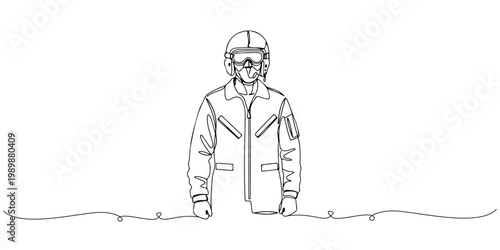 Minimal line drawing of a person wearing winter goggles and a parka.