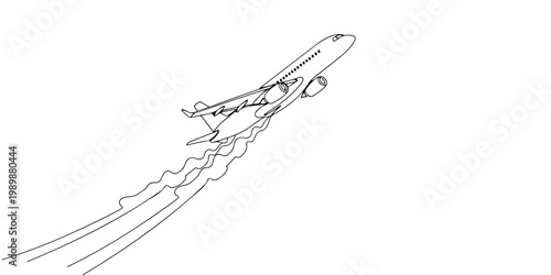 Line drawing of passenger airplane climbing into the sky with visible contrails.